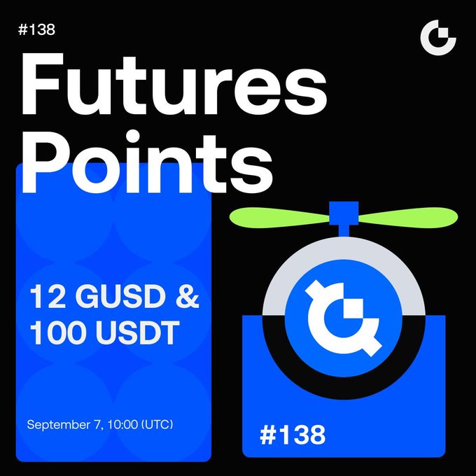 Promotional graphic for Gate Futures Points Airdrop #138, featuring a blue card design that announces rewards of "12 GUSD & 100 USDT" with a claim start time of "September 7, 10:00 (UTC)." The image includes a stylized stopwatch icon with a propeller, reinforcing the time-sensitive nature of the airdrop.