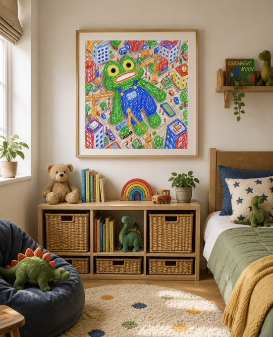A child's bedroom features a colorful crayon-style framed drawing of a frog wearing blue overalls, along with a teddy bear, a rainbow toy, and dinosaur plushies on wooden storage cubbies.