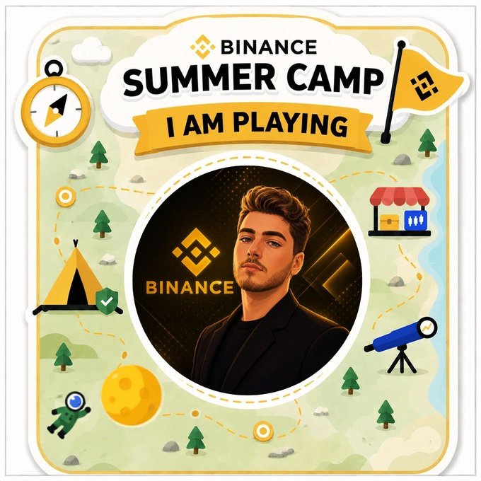 A 'BINANCE SUMMER CAMP I AM PLAYING' promotional badge features a stylized portrait of a man inside a circular frame surrounded by camping-themed illustrations including a tent, compass, telescope, trees, and the Binance logo.