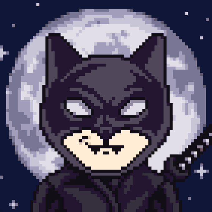 A pixel art illustration of a black cat with white eyes and a small smile, set against a large full moon and a starry night sky.