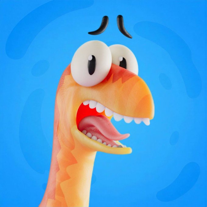 A 3D-rendered, cartoonish orange dinosaur with big eyes and an open mouth looks shocked or excited against a blue background.