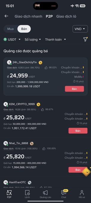 A mobile app screenshot in Vietnamese showing a P2P cryptocurrency trading interface with USDT buy/sell listings at prices around 24,959-25,820 USDT, including users like 24h_GiaoDichUyTin and KEM_CRYPTO_9999.