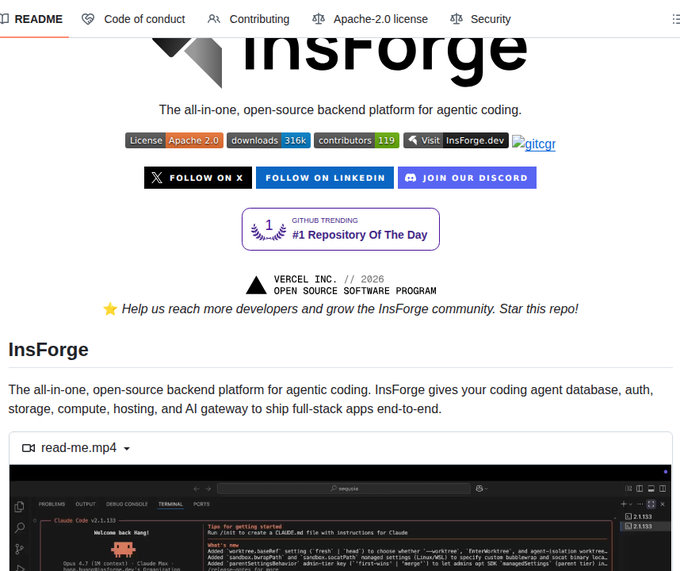 A GitHub repository page for 'InsForge,' described as 'The all-in-one, open-source backend platform for agentic coding,' featuring an Apache 2.0 license and noting it was a '#1 Repository Of The Day' on GitHub Trending.