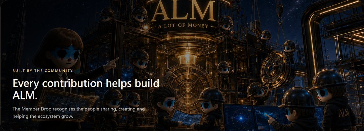 A promotional banner for 'ALM - A LOT OF MONEY' featuring cartoonish character figures in hard hats within an industrial, steampunk-style setting, with text stating 'Every contribution helps build ALM.'