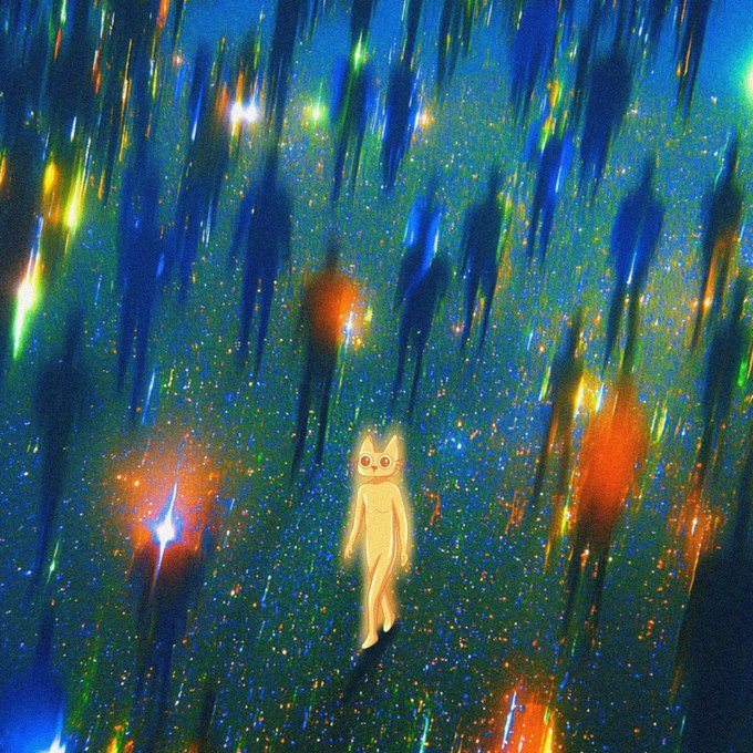 A glowing, ethereal cat-like figure stands amid a surreal, dreamy landscape of swirling blue and orange cosmic lights, evoking a sense of isolation and reflection—mirroring the poster's candid admission of fumbling 30% of their bag on $CETS while hoping others heeded his advice on the conviction play.