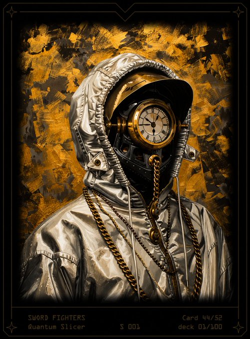 A silver-hooded figure with a clock face instead of a head is depicted on a trading card labeled 'SWORD FIGHTERS Quantum Slicer', card 44/52, deck 01/100.