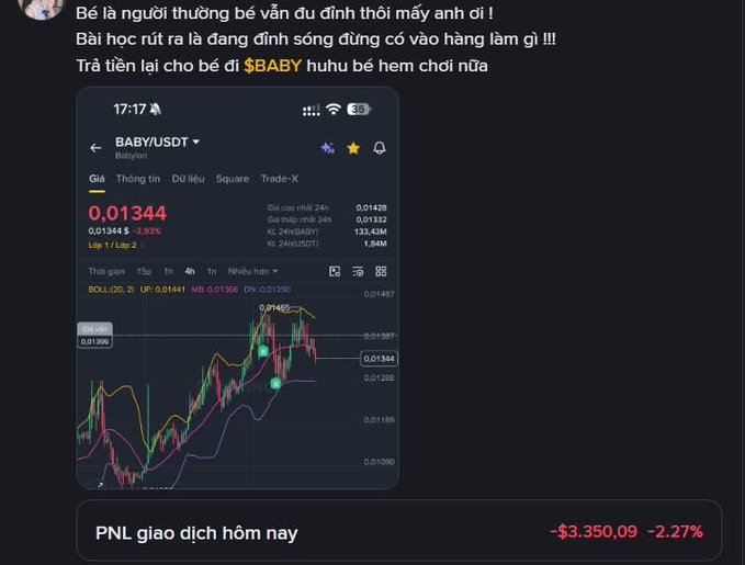 A screenshot of a cryptocurrency trading chart for the token $BABY (BABYUSDT) showing a current price of 0.01344, with Vietnamese text complaining about losses and a daily PNL of -$3,350.09 (-2.27%).