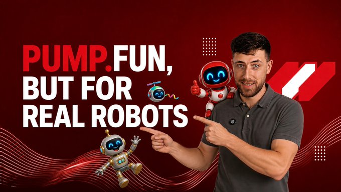 A promotional thumbnail featuring a man in a grey polo shirt pointing toward text that reads 'PUMP.FUN, BUT FOR REAL ROBOTS', accompanied by cartoon robot illustrations on a dark red background.
