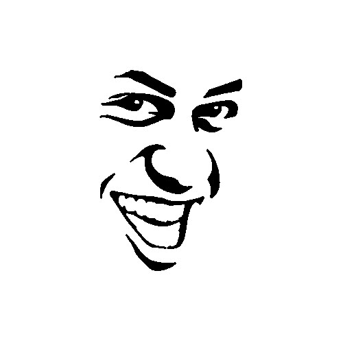 A simple black and white line drawing depicts a stylized face with thick, furrowed eyebrows and a wide, toothy grin, suggesting a mischievous or smug expression.