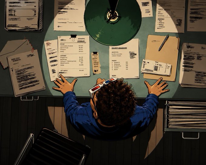 An overhead illustration of a curly-haired person in a blue shirt sitting at a desk covered with documents and files under a green desk lamp, suggesting investigation or detective work.