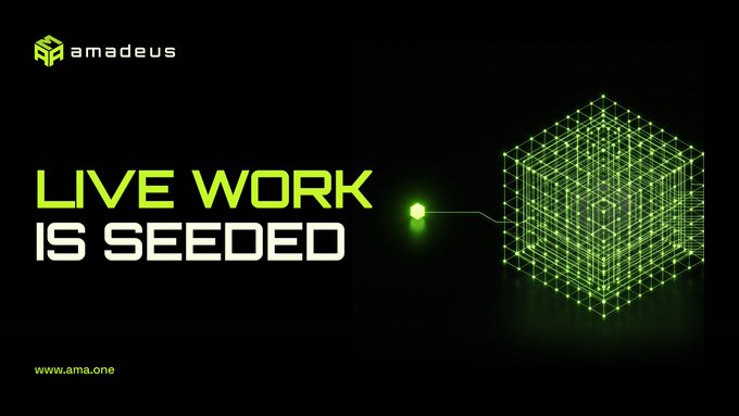 A promotional graphic with a black background features the "amadeus" logo and bold text reading "LIVE WORK IS SEEDED" alongside a glowing green wireframe cube design and the website "www.ama.one".