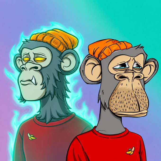 Two Bored Ape NFT-style monkeys wearing beanies; the left one has a glowing cyan aura, while the right one looks unimpressed.