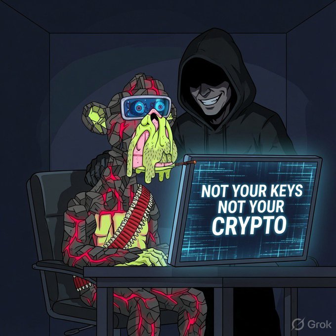 A cartoon illustration shows a hooded figure lurking behind a grotesque zombie-like character wearing VR goggles and a bandolier, who is hunched over a computer screen displaying "NOT YOUR KEYS NOT YOUR CRYPTO." The image serves as a warning tied to the post's cautionary "Stay safe" message, illustrating the threat of scammers or hackers stealing crypto from those who don't self-custody their private keys.