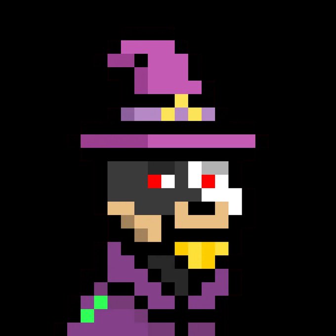 A pixel art character resembling Waluigi with a purple hat and outfit, red eyes, and an evil grin against a black background.