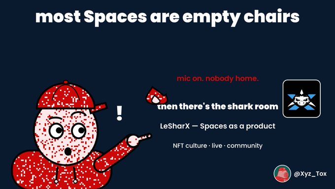 A presentation slide titled 'most Spaces are empty chairs' featuring a cartoon character pointing, with text 'mic on, nobody home' and 'then there's the shark room', referencing LeSharX Spaces, NFT culture, and live community features.