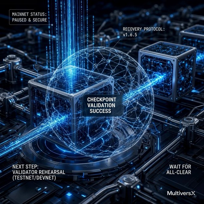 A futuristic digital graphic showing a blockchain/crypto recovery scenario with text overlays: "MAINNET STATUS: PAUSED & SECURE", "RECOVERY PROTOCOL: v1.6.5", "CHECKPOINT VALIDATION SUCCESS", "NEXT STEP: VALIDATOR REHEARSAL (TESTNET/DEVNET)", "WAIT FOR ALL-CLEAR", and "MultiversX" branding.