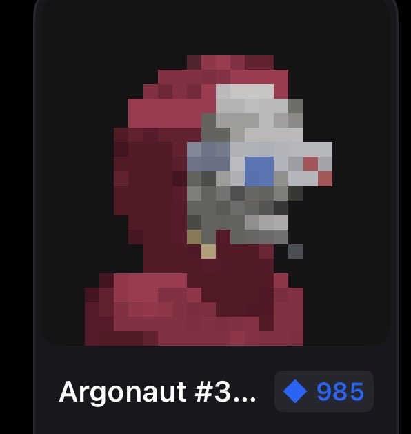 Pixel art profile picture labeled "Argonaut #3..." priced at 985, featuring a hooded character with a skull-like face and blue eye.