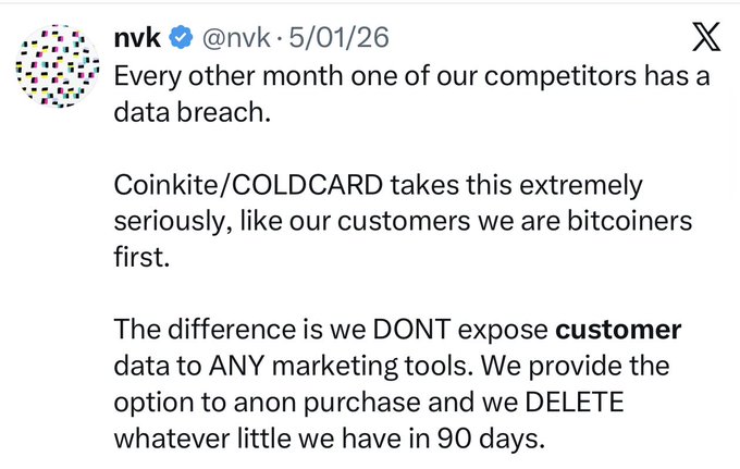 A tweet from nvk (@nvk) dated 5/01/26 claiming that competitors suffer data breaches while Coinkite/COLDCARD protects customer data by avoiding marketing tools, offering anonymous purchases, and deleting data after 90 days. The accompanying post criticizes nvk as a "malicious backstabber and a liar," suggesting the tweet's privacy promises contradict other known actions by him.