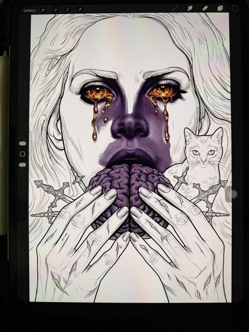 A digital illustration in progress (WIP) shows a pale, spectral woman with molten gold tears pouring from her eyes while clutching a brain, accompanied by a white cat—work in progress being created on a tablet in the "Gallery" app.