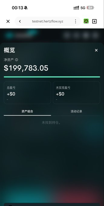 A mobile browser screenshot from testnet.hertzflow.xyz showing net assets of $199,783.05 with $0 unrealized PnL.