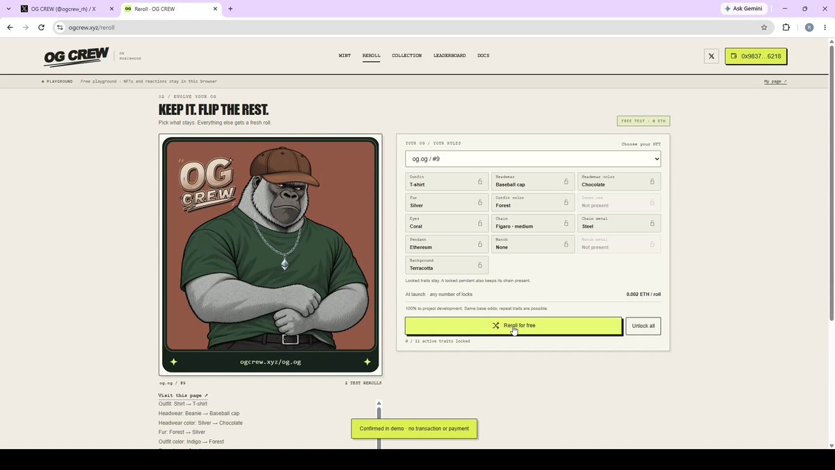 A screenshot of the OG CREW NFT re-roll webpage displaying an 'og og' gorilla NFT character with attributes like T-shirt outfit, Baseball cap, and Coral eyes, alongside a 'Reroll for free' button in demo mode.