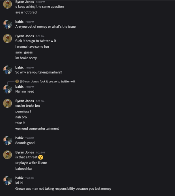 A Discord conversation between users "Byran Jones" and "babix" shows babix confronting Byran about a $40,000 unpaid sports betting marker, asking if he's "out of money," while Byran deflects and admits he's broke but refuses to pay, ending with babix calling him a "grown ass man not taking responsibility."