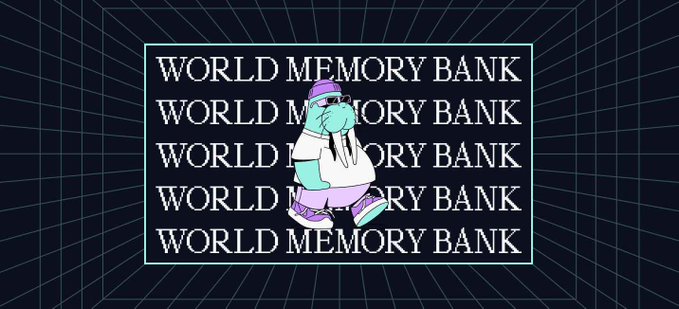 The image features a cartoon character wearing sunglasses, walking across a black background with the text "World Memory Bank" written above them. The character appears to be walking towards a wall that says "World Memory Bank". This suggests that the image might be related to an advertisement or promotional material for World Memory Bank, as it uses a fun and engaging visual style to convey its message.