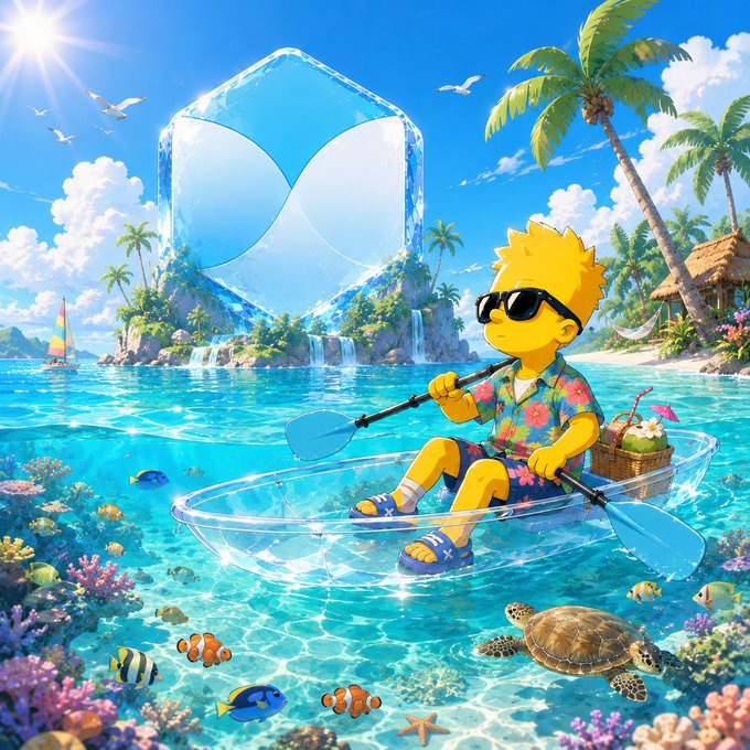 A 3D animated character wearing sunglasses and a floral shirt paddles a transparent kayak through clear tropical waters with coral reefs and a giant glass structure in the background.