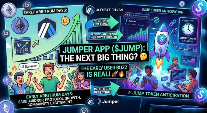 A vibrant graphic promoting the Jumper App ($JUMP) token, highlighting 'Early Arbitrum Days', 'History Repeating?', and excitement for the Jump Token launch alongside Arbitrum branding.