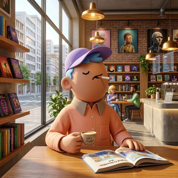 A 3D cartoon-style character wearing a purple cap and pink shirt sits in a cafe reading a book and holding a cup labeled 'NFT Cafe', with framed NFT art and bookshelves in the background.