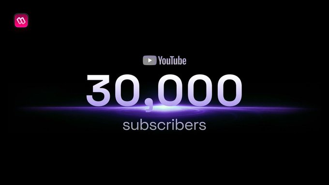 A black background displays a YouTube logo above large glowing purple and white text reading "30,000 subscribers," celebrating the milestone mentioned in the post and marking progress toward the next goal of 50K.