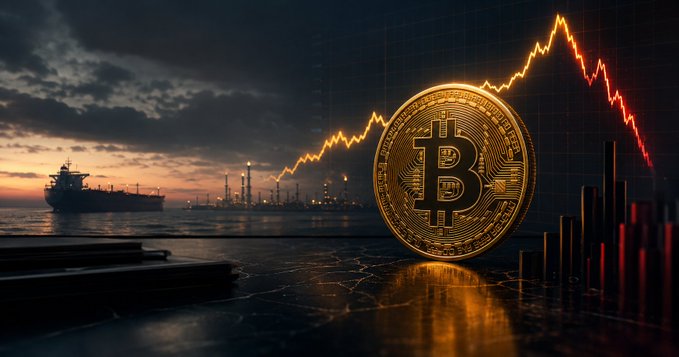 A dramatic digital artwork featuring a large golden Bitcoin coin in the foreground with a stock market chart line trending downward, set against a sunset industrial port scene with a cargo ship.