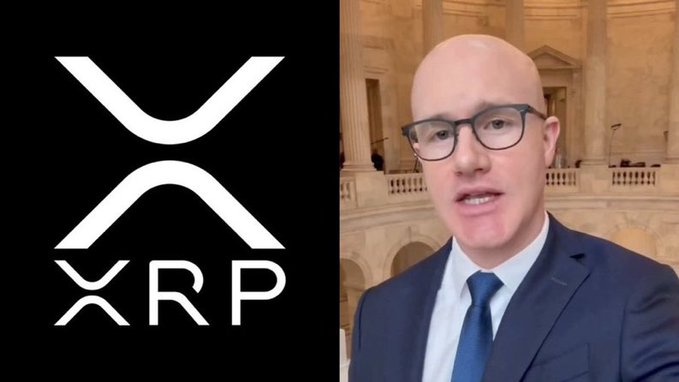A split image shows the XRP logo on the left and a bald man in glasses and a suit speaking in front of an ornate interior on the right.