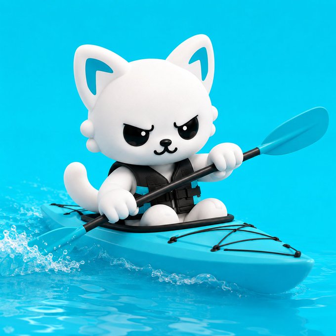 A 3D rendered cartoon white cat with a determined, slightly grumpy expression paddles a light blue kayak through splashing water against a bright turquoise background, wearing a black life vest.