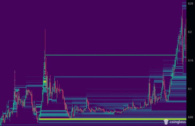 A financial chart displaying candlestick price action for "$BTW" with a color-coded price range from approximately $0.05 to $0.25, showing notable volatility with peaks around $0.24 and a horizontal support level near $0.046, branded with the "coinglass" watermark in the bottom right corner.