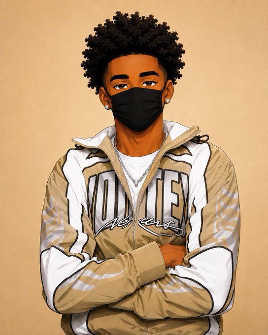 An anime-style portrait of a young man with curly black hair wearing a black face mask and a tan and white track jacket over a t-shirt that reads "DUPES", with his arms crossed against a beige background.
