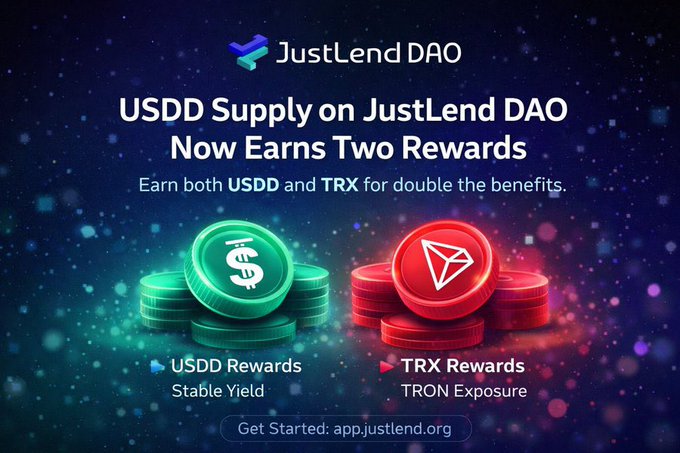 A promotional graphic for JustLend DAO announcing that USDD Supply now earns Two Rewards, allowing users to earn both USDD and TRX for double the benefits, with a call-to-action to visit app.justlend.org.