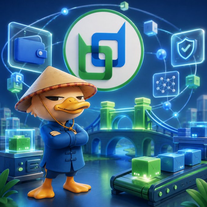 A cartoon duck wearing a traditional conical hat and blue outfit, standing with crossed arms in front of a futuristic digital backdrop featuring a bridge and a stylized 'UD' or 'DN' logo.