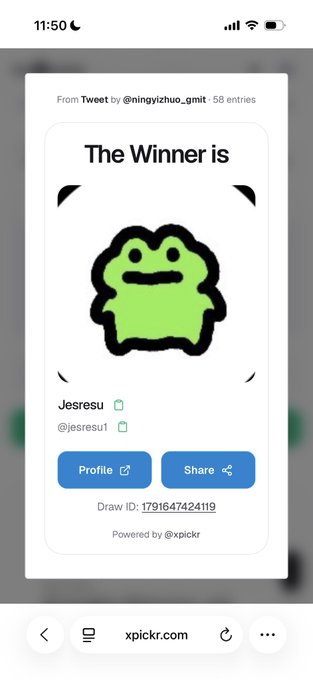 A mobile screenshot from xpickr.com shows a Twitter giveaway result, displaying a green frog-like character as 'The Winner is' user 'Jesresu' (@jesresu1), with a Draw ID of 1791647424119.