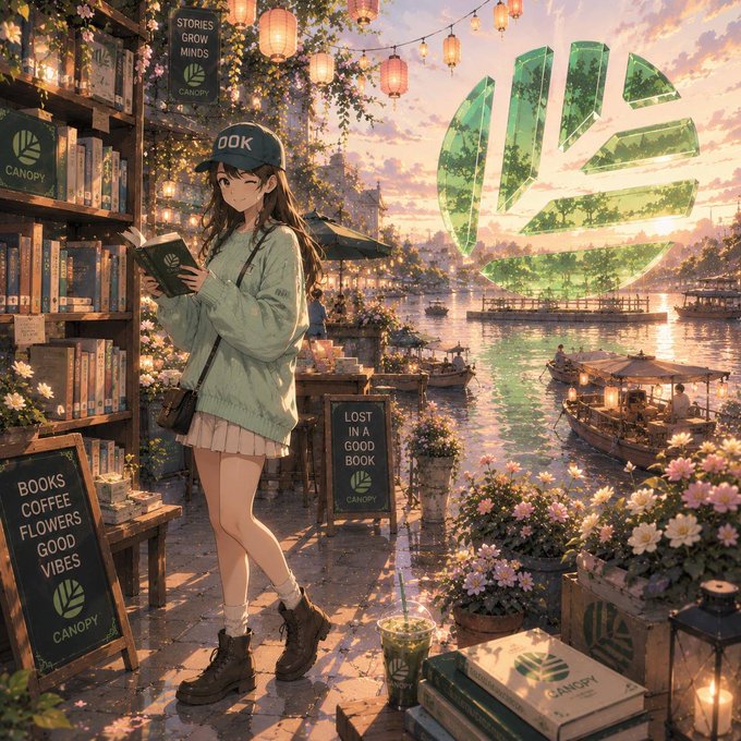 An anime-style illustration depicts a girl in a green sweater and a 'OOK' cap reading a book at a bookstore, with a 'CANOPY' logo prominently displayed as a large glowing emblem over a scenic river at sunset.