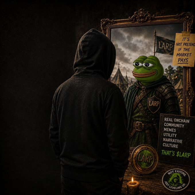 A hooded figure stands looking into a mirror, which reflects the Pepe the Frog meme dressed as a knight holding a 'LARP' flag, with text reading 'IT'S NOT PRETEND IF THE MARKET PAYS' and 'REAL ONCHAIN COMMUNITY MEMES UTILITY NARRATIVE CULTURE THAT'S $LARP'.