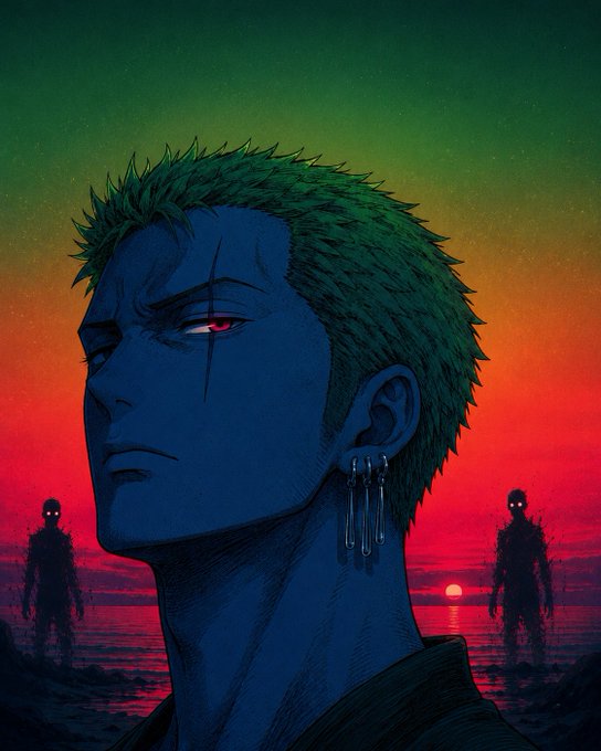 An anime-style illustration of a blue-skinned character with spiky green hair and a scar across his eye, set against a sunset gradient background with silhouetted figures standing in water behind him.