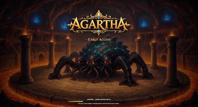 The image is promotional art for "AGARTHA - EARLY ACCESS -" featuring a menacing dark spider-like boss creature with glowing blue eyes in a torch-lit underground arena. It ties to the post by showcasing the formidable boss "Valthorak" that remains undefeated, with the first champions to defeat it set to receive 10 million $AG tokens as a reward.