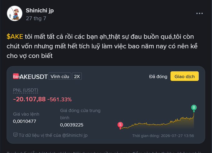 Social media post by Shinichi jp dated July 27 featuring a Binance chart of $AKEUSDT showing a massive loss of -561.33% (-$20,107.88) on a PNL position.