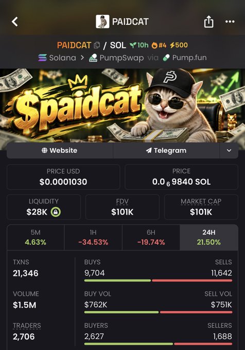A DEX screen for the $PAIDCAT token (Solana/PumpSwap via Pump.fun) showing a price of $0.0001030 (0.000009840 SOL), market cap of $101K, and 24H change of +21.50%. The image illustrates the poster's argument that $PAIDCAT is undervalued compared to $PAID ($29M), framing it as an "easy 100x" opportunity, with the contract address 9n8rBV1L917EUSVDa9KTX2uMxvPfKZxLLtwKnYs8pump visible in the caption.