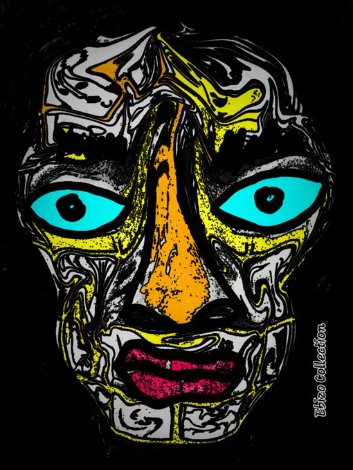 A stylized, psychedelic digital artwork of a face with bright cyan eyes, yellow and orange accents, and silver swirling patterns on a black background, labeled 'Eliza Collection.'