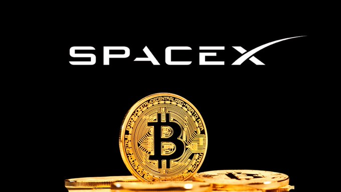 The SpaceX logo appears above a golden Bitcoin coin, visually representing the company's reported holdings of 18,712 BTC as highlighted in the accompanying post.