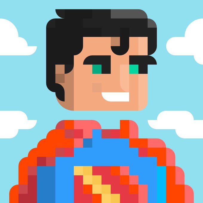 A pixel-art style avatar of a smiling character with black hair and green eyes, wearing a red and blue outfit resembling a Superman logo.