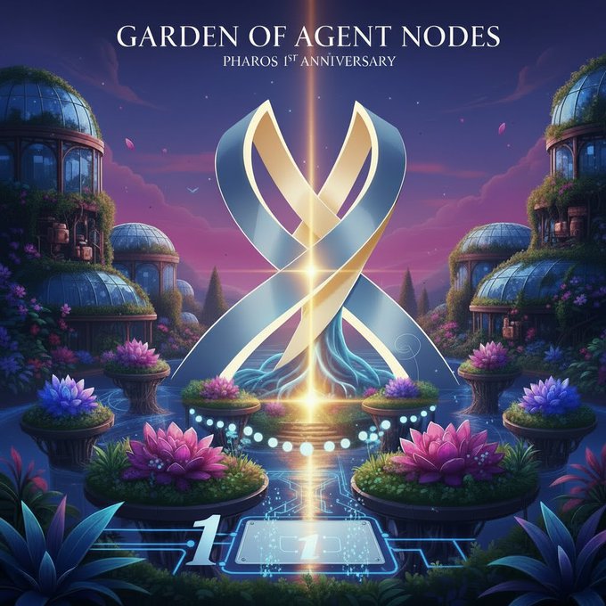 A fantasy digital artwork titled 'GARDEN OF AGENT NODES - PHAROS 1ST ANNIVERSARY' featuring a glowing golden logo surrounded by lush gardens, glass domes, and lotus flowers under a twilight sky.