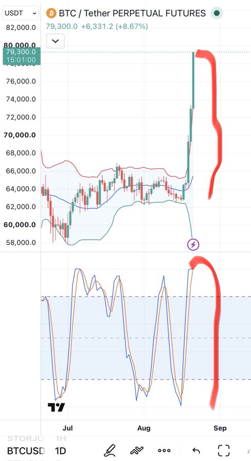 A BTC/Tether Perpetual Futures trading chart shows Bitcoin at 79,300.0 with a +6,331.2 (+8.67%) gain, with red annotations highlighting recent price action on the 1D timeframe.